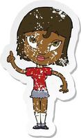 retro distressed sticker of a cartoon woman with idea vector