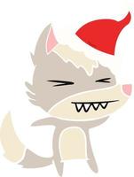 angry wolf flat color illustration of a wearing santa hat vector