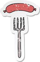 retro distressed sticker of a cartoon fork and sausage vector