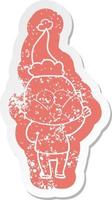 cartoon distressed sticker of a bald man staring wearing santa hat vector