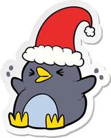 sticker of a cartoon penguin wearing christmas hat vector