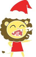 flat color illustration of a roaring lion girl wearing santa hat vector