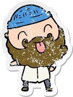 distressed sticker of a man with beard sticking out tongue vector