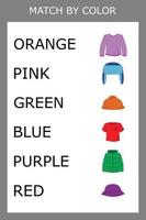 Connect the name of the color and the character of the clothes. Logic game for children. vector