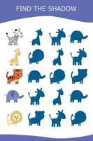 Find correct shadow with colorful  animals.  Kids educational game. vector