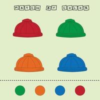 Connect the name of the color and the character of the hat. Logic game for children. vector