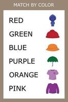 Connect the name of the color and the character of the clothes. Logic game for children. vector