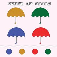 Connect the name of the color and the character of the umbrella. Logic game for children. vector