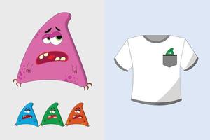 Bright white T shirt with a pocket and a monster print in various colors on a plain background vector