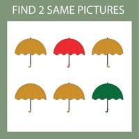 Find a pair game with colorful umbrella.  Worksheet for preschool kids, kids activity sheet, printable worksheet vector