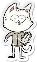 distressed sticker of a cartoon cat with clipboard vector