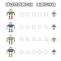 Trace line worksheet with robots for kids, practicing fine motor skills.  Educational game for preschool children. vector