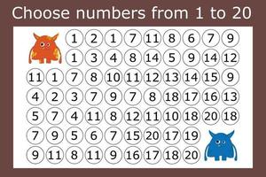 The task is to go through a maze of numbers from 1 to 20. Educational exercises for preschool children vector