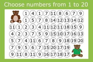 Counting maze for kids. A fun game, a mathematical puzzle with the selection of numbers from 1 to 20 in the correct order vector