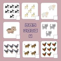 How many counting game with pets . Preschool worksheet, kids activity sheet, printable worksheet vector