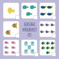 How many counting game with  fishes. Worksheet for preschool kids, kids activity sheet, printable worksheet vector