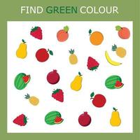 Find green colored  fruites and berries among the multi-colored ones. Children's educational game. vector