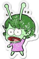 distressed sticker of a cartoon shocked alien girl vector