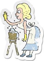 retro distressed sticker of a cartoon housewife washing up vector