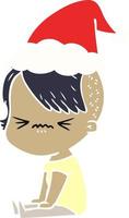 flat color illustration of a annoyed hipster girl wearing santa hat vector