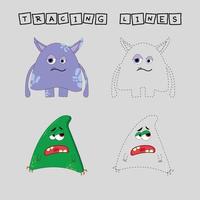 Trace line worksheet with  funny monsters  for kids, practicing fine motor skills.  Educational game for preschool children. vector