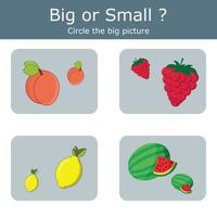 Appropriate children's educational game. Find where the big and small  fruites is. Activities for preschool children and toddlers vector