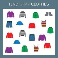 Find the gray clothes character among others. Looking for green. Logic game for children. vector