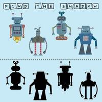 Find correct shadow with colorful robots.  Kids educational game. vector