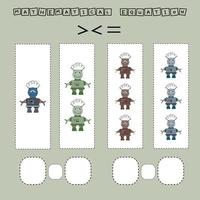 problema matemático mayor, menor o igual. cuente la cantidad de robots de colores de dibujos animados y compare. juego educativo de matemáticas para niños. vector