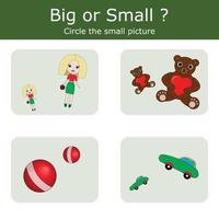 Sort  toys into large and small. An example of the opposite word antonym for a child vector