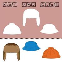 worksheet vector design, the task is to cut and glue a piece on  hat, panama, earflaps .  Logic game for children.
