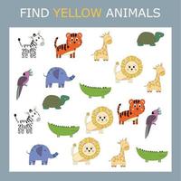 Educational activity for kids, find the yellow animal among the colorful ones. Logic game for children. vector