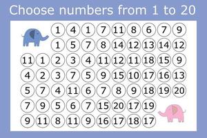 Counting maze for kids. A fun game, a mathematical puzzle with the selection of numbers from 1 to 20 in the correct order vector