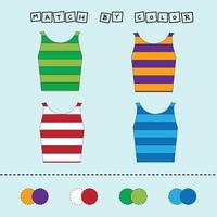 Connect the name of the color and the character of the t shirt. Logic game for children. vector