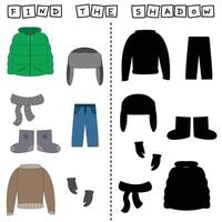 Developing activity for children, find a pair among identical of   clothes   coat, hat, scarf, pants, sweater, mitten. Logic game for children. vector