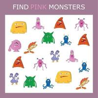 Find the pink monster character among others. Looking for pink. Logic game for children. vector