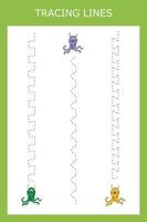 Tracing lines game with funny monsters. Worksheet for preschool kids, kids activity sheet, printable worksheet vector