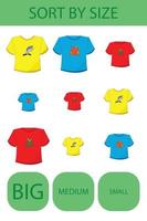 Match the t shirt by size large, medium and small. Children's educational game. vector