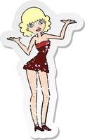 retro distressed sticker of a cartoon woman in cocktail dress vector