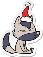 sticker cartoon of a wolf whistling wearing santa hat vector