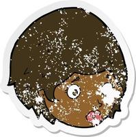 retro distressed sticker of a cartoon girl with concerned expression vector