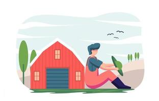 Flat design illustration of red shirt farmer and garden rural plant vector