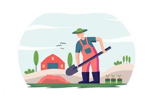 Flat design illustration of red shirt farmer and garden rural plant