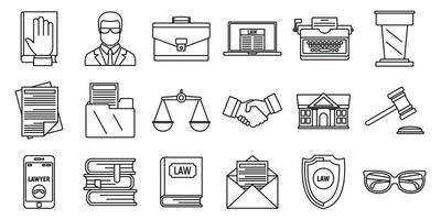 Lawyer justice icons set, outline style vector