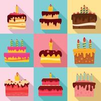 Cake birthday icon set, flat style vector