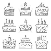 conjunto de iconos de cumpleaños de pastel dulce, estilo de contorno