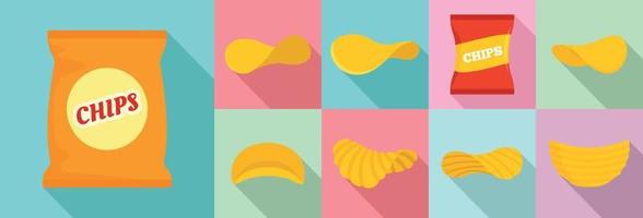 Chips potato icon set, flat style vector