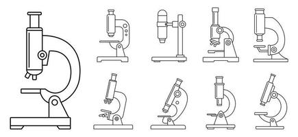 conjunto de iconos de microscopio de biología, estilo de esquema vector