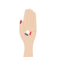Diverse pills in one hand illustration. Hospital treatment and cure. Take your medication concept. vector