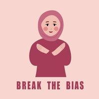 Break the bias trendy illustration with muslim hijabi woman hands crossed. Women equality concept, break stereotype towards all women. vector